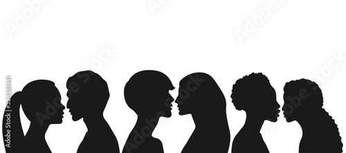 Collage Silhouette of couple. Group side silhouette man and women of diverse culture and different countries. Harmony friendship integration and love. Racial equality. 