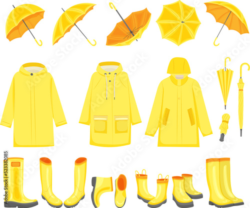 set of yellow umbrellas, boots, raincoats in flat style, isolated, vector