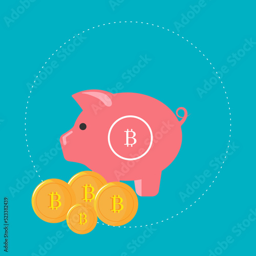 Piggy bank on a blue background next to gold coins. Bitcoins.
