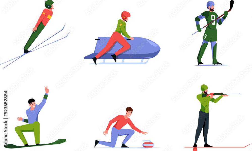 Winter sport. Snow skaters on ski ice extreme sport olympic athletes skiing snowboarding sledding garish vector flat characters
