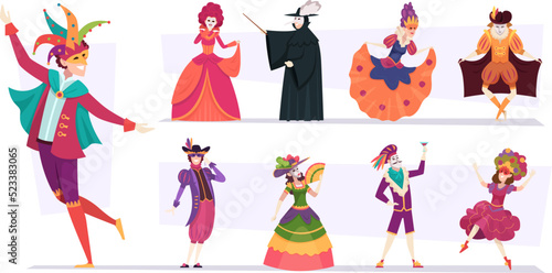 Venetian costumes. Carnival persons ini dress and costumes dancing exact vector colored illustrations