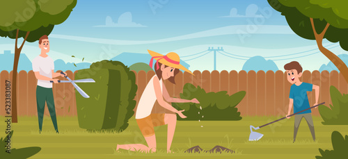 Gardening background. Rural concept illustration with outdoor people care gardening plants and grass exact vector concept picture