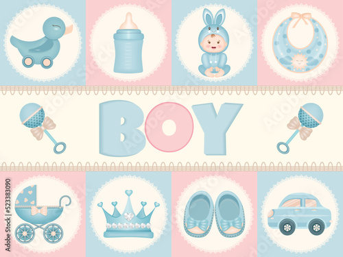 baby shower, newborn, boy, set of baby elements, icons, toys