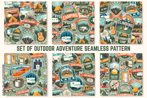 Set of Summer camp colorful seamless pattern with travel inspirational quotes. Vector. Background, wallpaper, seamless pattern with guitar, camping climber, tent, mountain and forest silhouette.