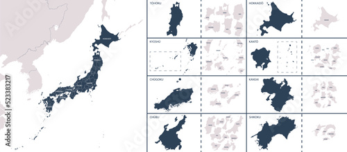 Vector detailed map Japan with the administrative divisions of the country, each region is presented separately, detailed and divided into prefectures