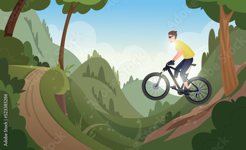Extreme lifestyle. Outdoor risky sport extreme adventure travellers exact vector cartoon background