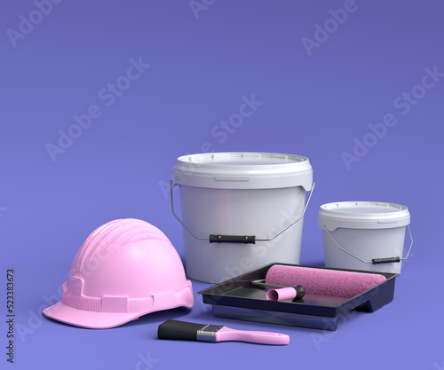 Set of safety helmet, bucket with paint rollers and brushes on violet background