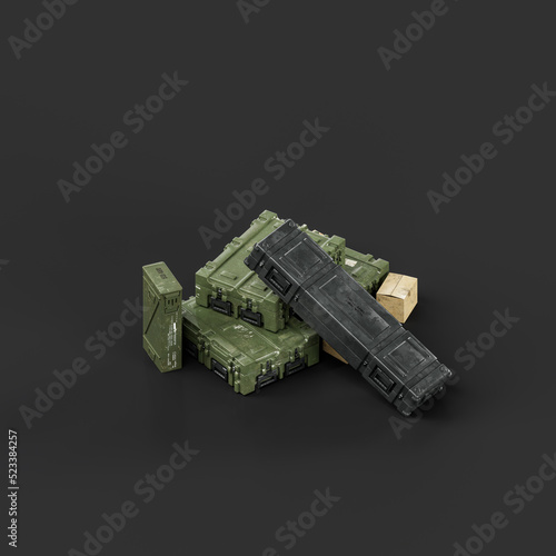 Isometric view Military ammunition boxes pile, 3d rendering