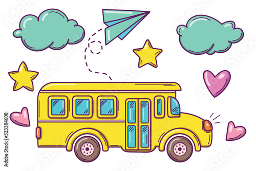 Back to School. Bright colorful set of doodles pictures, school bus, paper plane, clouds. Isolated on white background