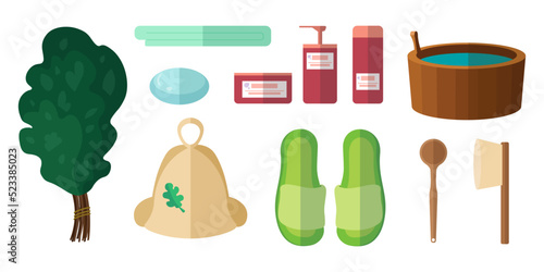 Set of bathhouses in cartoon style. Vector illustration of baths, brush, soaps, towels, slippers, bath caps, oak broom on white background.
