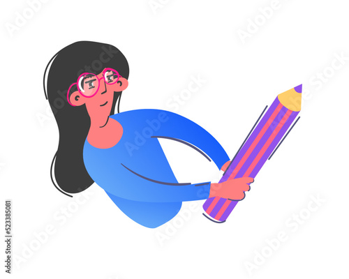 Back to school banner, poster, flat design. Teacher with glasses holding a pencil and writes the text. Stock vector illustration on white background. Time for knowledge, learning and education.