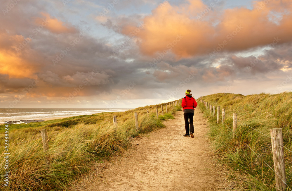 A woman walking on a beautiful sandy trail along the ocean. North Holland dune reserve, Egmond aan Zee, Netherlands.