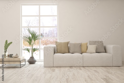 White living room with sofa. Scandinavian interior design. 3D illustration