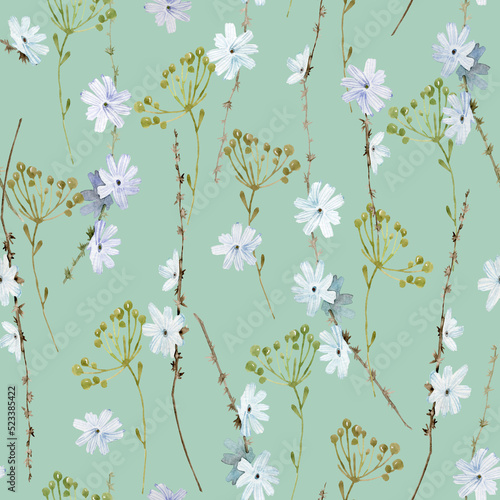 Watercolor blue chicory flowers floral seamless pattern. Hand drawn elegant, delicate botanical background. Repeatable texture, wrapping paper, stationery, wallpaper, fabric, paper, textile