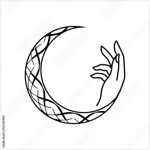 Moon ramadan with hand clip art isolated. Aid Mubarak symbol. Sketch icon. Engraving vector stock illustration. EPS 10