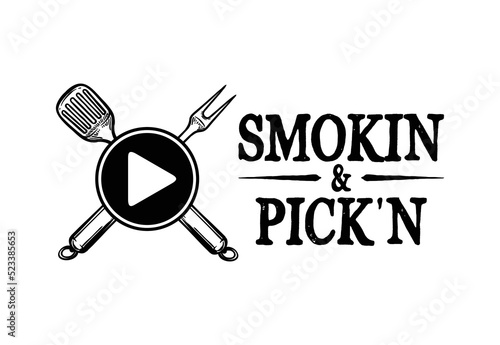 Music BBQ Tools Hand-Drawn Set Vector. Crossed barbecue fork with spatula. Symbol Template Logo. Vector illustration flat design. Isolated on white background