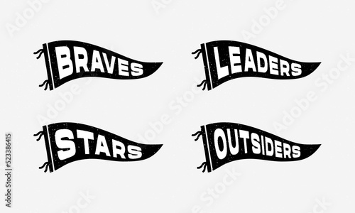Vintage pennants Braves, Leaders, Stars, Outsiders. Retro colors labels. Vintage hand drawn wanderlust style. Isolated on white background. Good for t shirt, mug, other identity. 