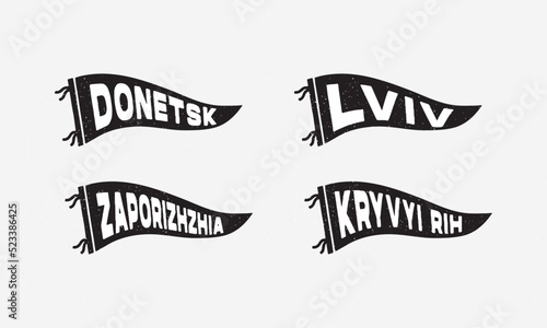 Ukrainian cities pennants of the Donetsk, Lviv, Zaporizhzhia, Kryvyi Rih. Retro colors labels. Vintage hand drawn wanderlust style. Isolated on white background. 