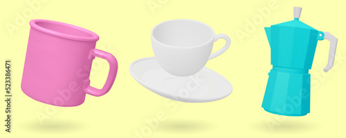 Set of coffee maker, camping mug and cup isolated on blue background. 3D render Vector illustration.
