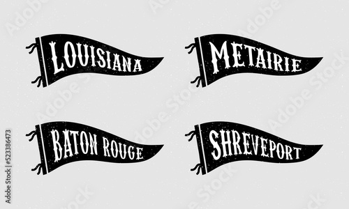 Set of Louisiana, Baton Rouge, Metairie, Shreveport pennants. Retro colors labels. Vintage hand drawn wanderlust style. Isolated on white background. Good for t shirt, mug, other identity. 