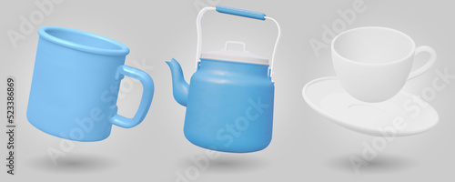 Set of kettle , camping mug and cup isolated on blue background. 3D render Vector illustration.