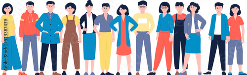 Teenagers group portrait together. Smile adolescent, adults citizens crowd. Different people population, business team casual style recent vector characters