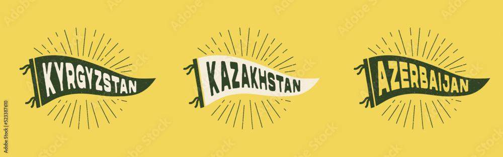 Vintage pennant Kyrgyzstan, Kazakhstan. Retro colors labels. Vintage hand drawn wanderlust style. Isolated on white background. Good for t shirt, mug, other identity. 