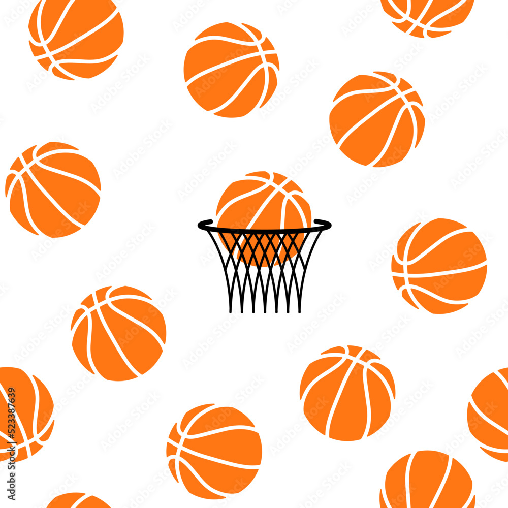 Basketball orange ball in net vector seamless pattern illustration. Basket hoop rim, net. Sport equipment. Orange ball in basket. Basketball goal score moment. Sport street game. Hobby equipment