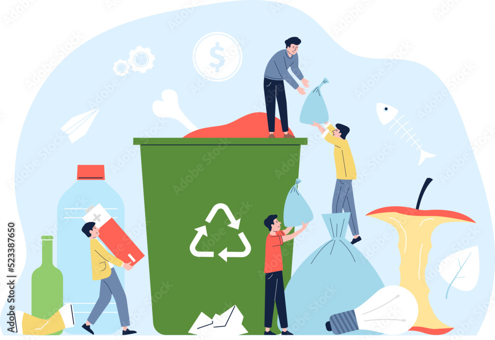 Garbage recycling concept. Waste world pollution and cleaning metaphor. Young volunteers clean up, environmental recycle company recent vector scene Garbage recycling concept. Waste world pollution and cleaning metaphor. Young volunteers clean up, environmental recycle company recent vector scene