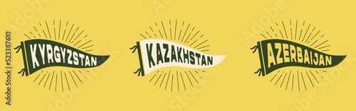 Vintage pennant Kyrgyzstan, Kazakhstan. Retro colors labels. Vintage hand drawn wanderlust style. Isolated on white background. Good for t shirt, mug, other identity. 