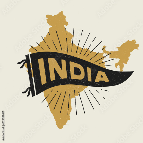 Vintage pennant India. Retro colors labels. Vintage hand drawn wanderlust style. Isolated on white background. Good for t shirt, mug, other identity. 