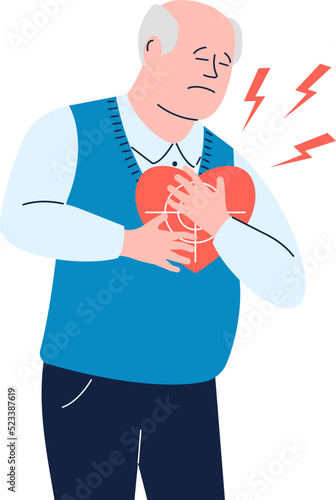 Old man hold at chest, heart attack and pain. Cardiovascular diseases, senior patient with ischemic symptoms. Stress and discomfort recent vector character