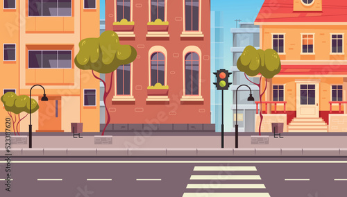 Empty city street building apartment town road urban cityscape concept. Vector graphic design illustration