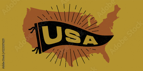 Vintage pennant USA. Retro colors labels. Vintage hand drawn wanderlust style. Isolated on white background. Good for t shirt, mug, other identity. 