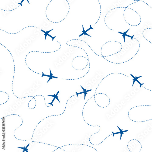 Airplane line path vector icon of air plane flight route with dash line trace. Seamless pattern. Aircraft icon with route path track in blue and white. Airplane minimal vector illustration.