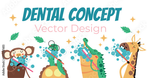 Animal characters clean teeth with toothbrush. Dental dentist tooth care banner poster concept. Vector graphic design illustration