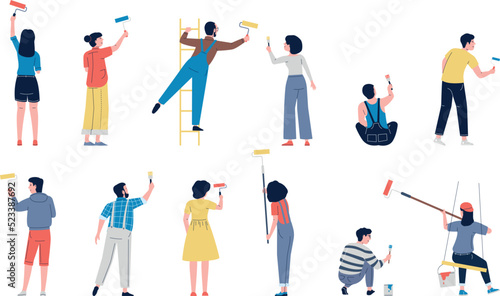 People painting on wall with paint, home renovation and decoration women and men. Professional workers with brush, painters recent vector characters