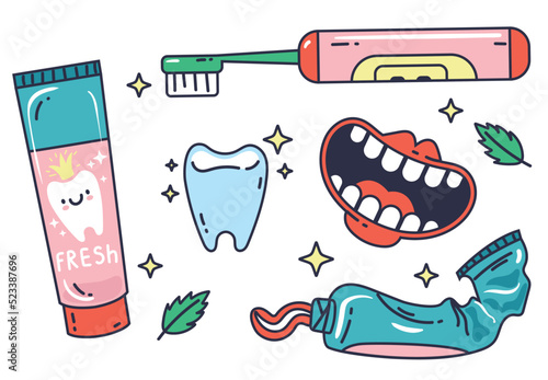 Toothbrush dental hygiene vector oral care toothpaste mouthwash abstract isolated line doodle set. Vector graphic design illustration