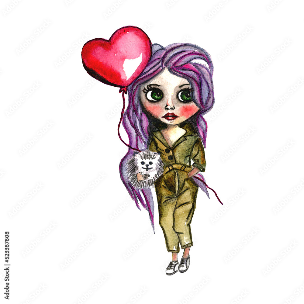 Hand drawn beautiful girl doll with big eyes with red ballon and small dog.Isolated on white background.Watercolor illustration filtered in Photoshop,nice for birthday,valentine day card ,invitations Hand drawn beautiful girl doll with big eyes with red ballon and small dog.Isolated on white background.Watercolor illustration filtered in Photoshop,nice for birthday,valentine day card ,invitations