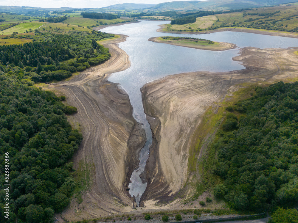 Drought conditions are shown through drone shots of Stocks Reservoir Hodder valley in the Forest of Bowland, Lancashire, England. August 2022