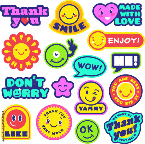 Trendy happy stickers, hippie positive vibe patch. Hipster geek funny badges in 90s style. Thank you and enjoy, acidity psychedelic smile faces tidy vector elements