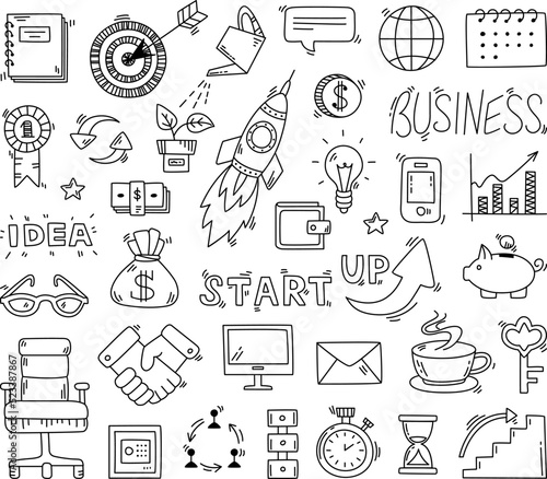 Doodle business collection. Company financial drawn work elements. Social media, banking, digital money sketch icons. Creative develop classy vector set