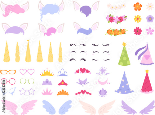 Cartoon unicorn constructor. Unicorns horns, party eyelashes and color hair bundle. Cute pony mask and sticker elements. Racy girly prints diy vector clipart