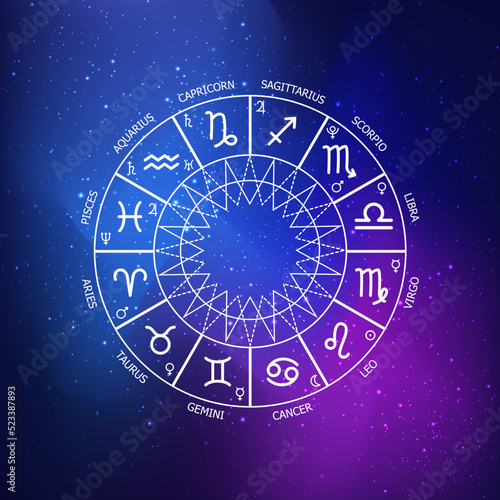 Zodiac circle on a dark blue background of the space. Astrology. Vector illustration