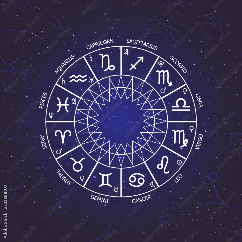 Zodiac circle on a dark blue background of the space. Astrology. Vector illustration Zodiac circle on a dark blue background of the space. Astrology. Vector illustration