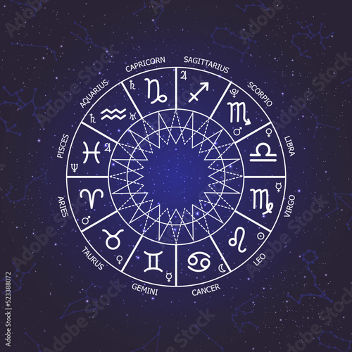 Zodiac circle on a dark blue background of the space. Astrology. Vector illustration