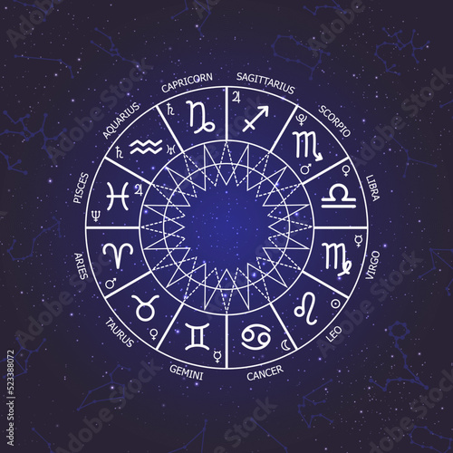 Zodiac circle on a dark blue background of the space. Astrology. Vector illustration