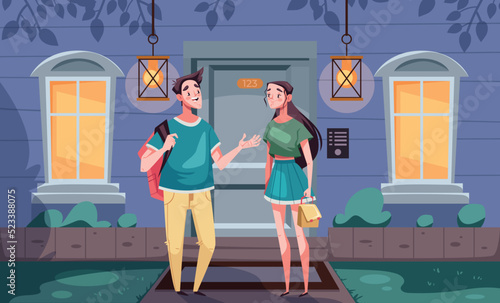 First dating couple talk teen boy girl concept. Vector graphic design illustration
