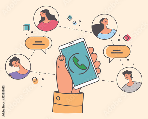 Phone call group chat mobile communication gadget abstract concept. Vector graphic design illustration