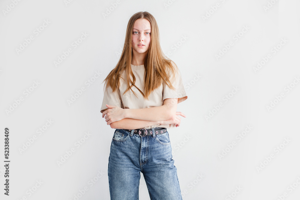 Portrait of young beautiful cute cheerful girl smiling over white background Portrait of young beautiful cute cheerful girl smiling over white background